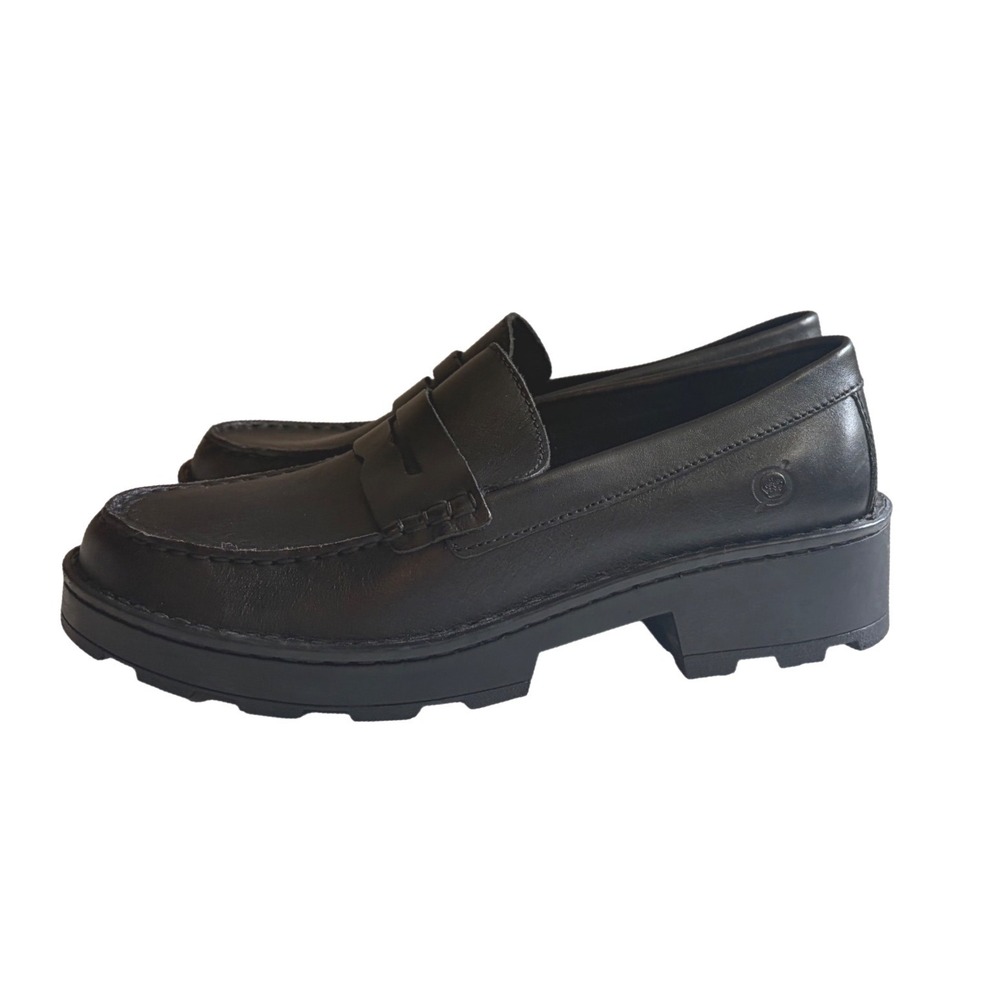 Born Womens Black Leather Lug Sole Penny Loafers BR0041703 Size 8.5M